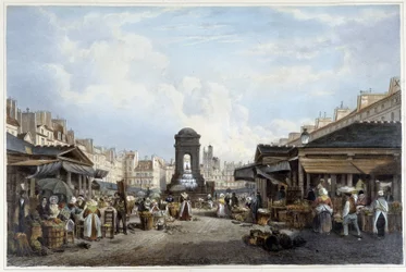 Der Spaziergang um den Brunnen der Unschuldigen, ca. 1840 - in „Promenade dans Paris et ses environs“, ill. von Jacottet und Benoist, Paris, um 1840