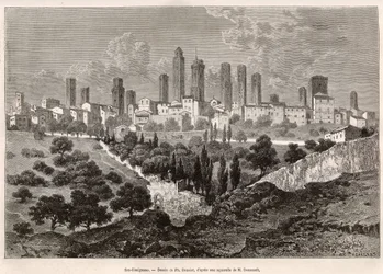 Ansicht von San Gimignano (Toskana, Italien). Gravur nach der Zeichnung von Ph. Benoist, zur Illustration der Reise in die Toskana und Umbrien, von Francis Wey, 1875, veröffentlicht in "Le tour du monde" 1876, herausgegeben von Edouard Charton, Hachette-Ed