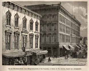 Ansicht des Occidental Hotels (Occidental Hotel), in der Montgomery-Straße (Montgomery street), San Francisco (Kalifornien), Gravur nach der Zeichnung von Ph. Benoist, zur Illustration der Reise von Washington nach San Francisco, 1868, von L. Simonin, verö
