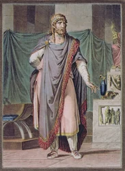 Antiochus, Kostüm für „Bérénice“ von Jean Racine, aus Band II der „Forschungen über die Kostüme und das Theater aller Nationen“, gestochen von Pierre Michel Alix (1762-1817), 1802