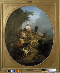Karawane: die Reise einer Gruppe von Bauern mit Ochsen, Esel, Hund, Ziegen
