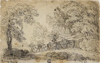 Holztransport im Wald (recto); Skizzen von Menschen bei verschiedenen Aktivitäten (verso)