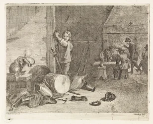 Interieur mit Junge bei einer Trommel und Rüstung