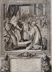 Tafel der Statuten des Ordens von Malta „Statuta Hospitalis Hervsalem“ (Erweichung eines Ritters durch einen Papst), von Philippe Thomassin, spätes 16. Jahrhundert