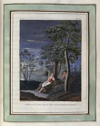 Regrets de Chloe, die glaubt, von Daphnis verlassen zu sein. Zeichnung von Philippe d