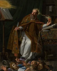 Der heilige Augustinus zertritt in seinem Studierzimmer die Häretiker