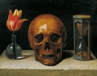 Vanitas Stillleben mit einer Tulpe, Schädel und Sanduhr
