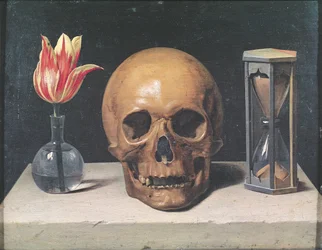 Vanitas-Stillleben mit einer Tulpe, Schädel und Sanduhr