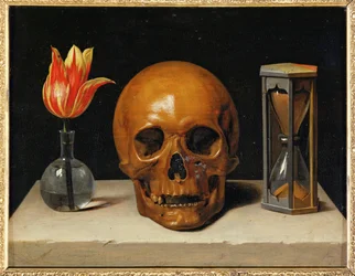 Vanitas, Allegorie der vergänglichen Zeit mit Schädel und Sanduhr