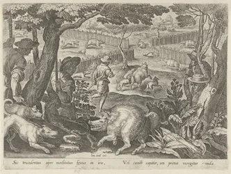 Treibjagd auf Wildschweine
Jagdszenen (Serientitel)
In quibus omne genus venationis, aucupij, piscatusque (Serientitel)