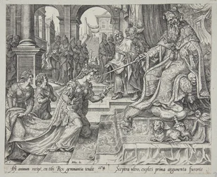 Esther vor Ahasverus, ihn zu einem Festmahl einladend