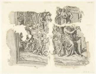 Linke untere Ecke einer Druckgrafik der Szene von Cebes (Tabula Cebetis Carta Vitae)
