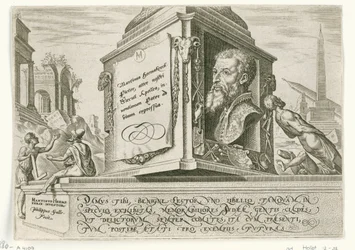 Porträt von Maarten van Heemskerck auf dem Sockel einer Säule (Die Unheilstage des jüdischen Volkes)
