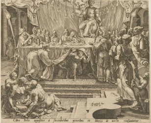Priester des Bel essen und trinken im Tempel [Blatt 4] und Daniel füttert den Drachen [Blatt 7], Blätter 4 und 7 der Folge "Die Geschichte von Daniel, Bel und dem Drachen"