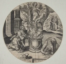 Der Engel steigt in der Flamme auf dem Altar von Manoah und seiner Frau auf