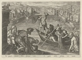 Fischfang mit Netz
Jagdszenen (Serientitel)
In quibus omne genus venationis, aucupij, piscatusque (Serientitel)