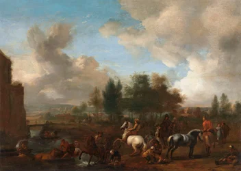 Pferde an der Tränke: eine Landschaft