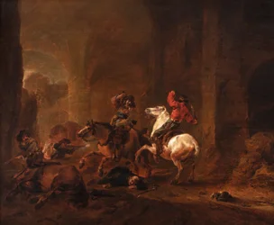 Banditen überfallen Reisende auf einem Pfad zwischen Ruinen, ca. 1635-50