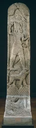 Votivstele, die einen Gott auf einem Löwen stehend darstellt, aus Amrith, ca. 550 v. Chr. (Kalkstein)