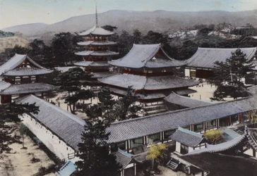 Japan, ca. 1912: Horyu-ji, der älteste buddhistische Tempel in Japan, vor etwa 1300 Jahren erbaut