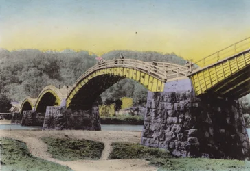 Japan, ca. 1912: Kintaikyo, wörtlich "Brücke des Damastgürtels," bekannt in Japan, Suwo-Provinz