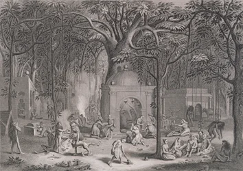 Hindu-Fakire, die ihre abergläubischen Riten praktizieren, graviert von Bell, aus Weltreligion, veröffentlicht von A. Fullarton & Co.