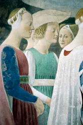 Detail aus Die Legende vom Wahren Kreuz, zeigt die Anbetung des Holzes und das Treffen der Königin von Saba und König Salomo