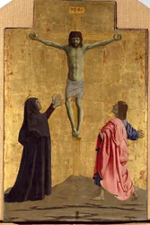 Polyptychon der Barmherzigkeit: Die Jungfrau der Barmherzigkeit, umgeben von Heiligen (Detail, zeigt die Kreuzigung mit der Inschrift „INRI“ am Kreuz)