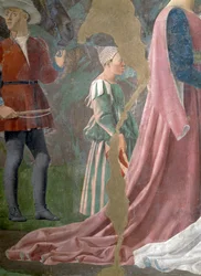 Die Legende vom Wahren Kreuz, die Königin von Saba verehrt das Holz des Kreuzes (Detail)