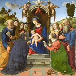 Madonna und Kind auf dem Thron mit den Heiligen Petrus, Johannes dem Evangelisten, Elisabeth von Ungarn (?), Katharina von Alexandrien und Engeln