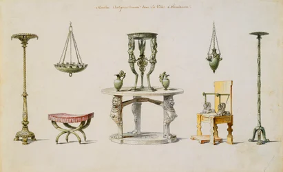 Verschiedene Vasen, Möbel, Altäre und Dreifüße, entdeckt in Herculaneum