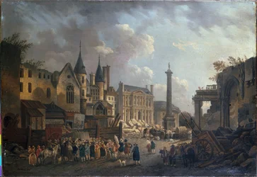 Jahrmarktsszene an einer imaginären Kreuzung in Paris, ca. 1770
