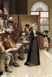 Französische Revolution: Die Königin von Frankreich Marie-Antoinette vor dem Richter während ihres Prozesses am 14. Oktober 1793 (Zeichnung)