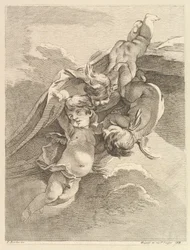 Drei Amoretten halten ein Tuch, aus Premier Livre de Grotesques