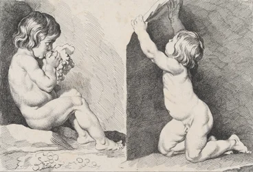 Zwei nackte Kinder, die Trauben essen, aus dem Neuen Kinderbuch, 1720-60