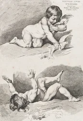 Zwei nackte Kinder spielen mit einem Blatt, aus dem Neuen Buch der Kinder, 1720-60