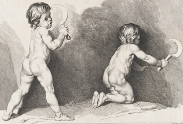 Zwei nackte Kinder stehen, aus dem Neuen Kinderbuch, 1720-60