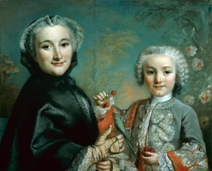 Frau und Kind mit einem Sittich und Kirschen