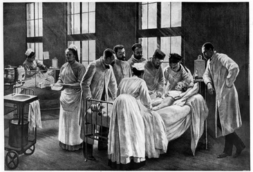 Le Croup im Krankenhaus Trousseau, von Andre Brouillet - Der Croup geheilt von Doktor Roux, graviert von E. Buval (Farblithografie)