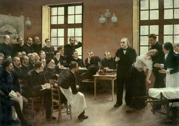 Eine klinische Vorlesung von Dr. Charcot in der Salpêtrière im Jahr 1887. Studenten der Abteilung von Professor Jean-Martin Charcot (1825-1893), der den Fall von Blanche Wittman erklärt, seiner Patientin und seinem bevorzugten Versuchskaninchen für seine