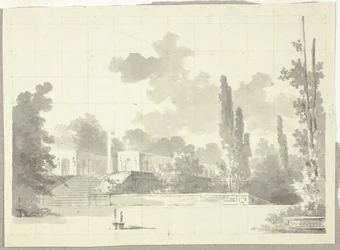 Ansicht des Parks von Versailles: Treppe zur Terrasse mit Tempel und Säule