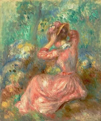 Frau, die ihren Hut arrangiert 1890