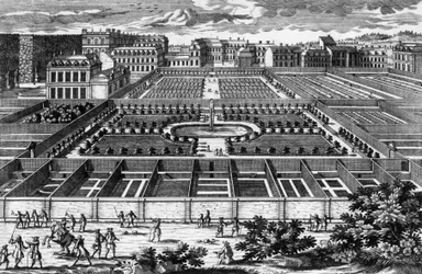 Ansicht des Küchengartens in Versailles zur Zeit von Ludwig XIV., Gravur von Aveline