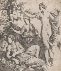 Venus, stehend mit den drei Grazien, wird eine Blume von einem Putto angeboten, 1607-61