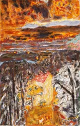 Landschaft, das rosa Haus, Sonnenuntergang