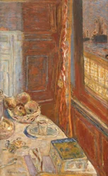Stillleben mit Schiffen durch Fenster gesehen, ca. 1906