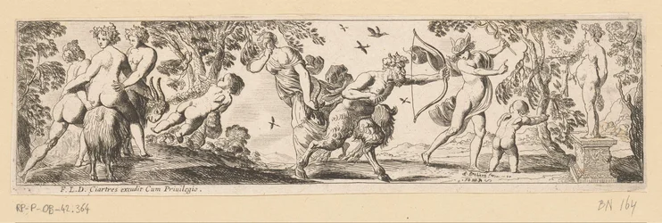 Satyr schießt einen Pfeil auf eine Statue von Bacchus, während Merkur zusieht