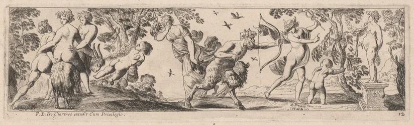 Satyr und Merkur schießen auf eine Statue