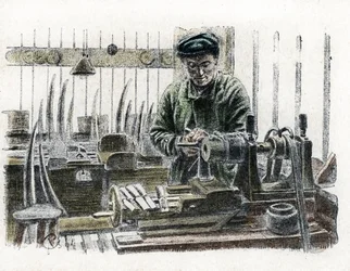 Ein Elfenbeinarbeiter schnitzt Elefantenstoßzähne in seiner Werkstatt, Gravur aus „Excursion à travers les métiers“ von Pierre Calmette, Privatsammlung