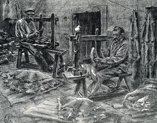 Handwerker, die Schafsfelle entfleischen, Gravur aus „Excursion à travers les métiers“ von Pierre Calmette, Privatsammlung